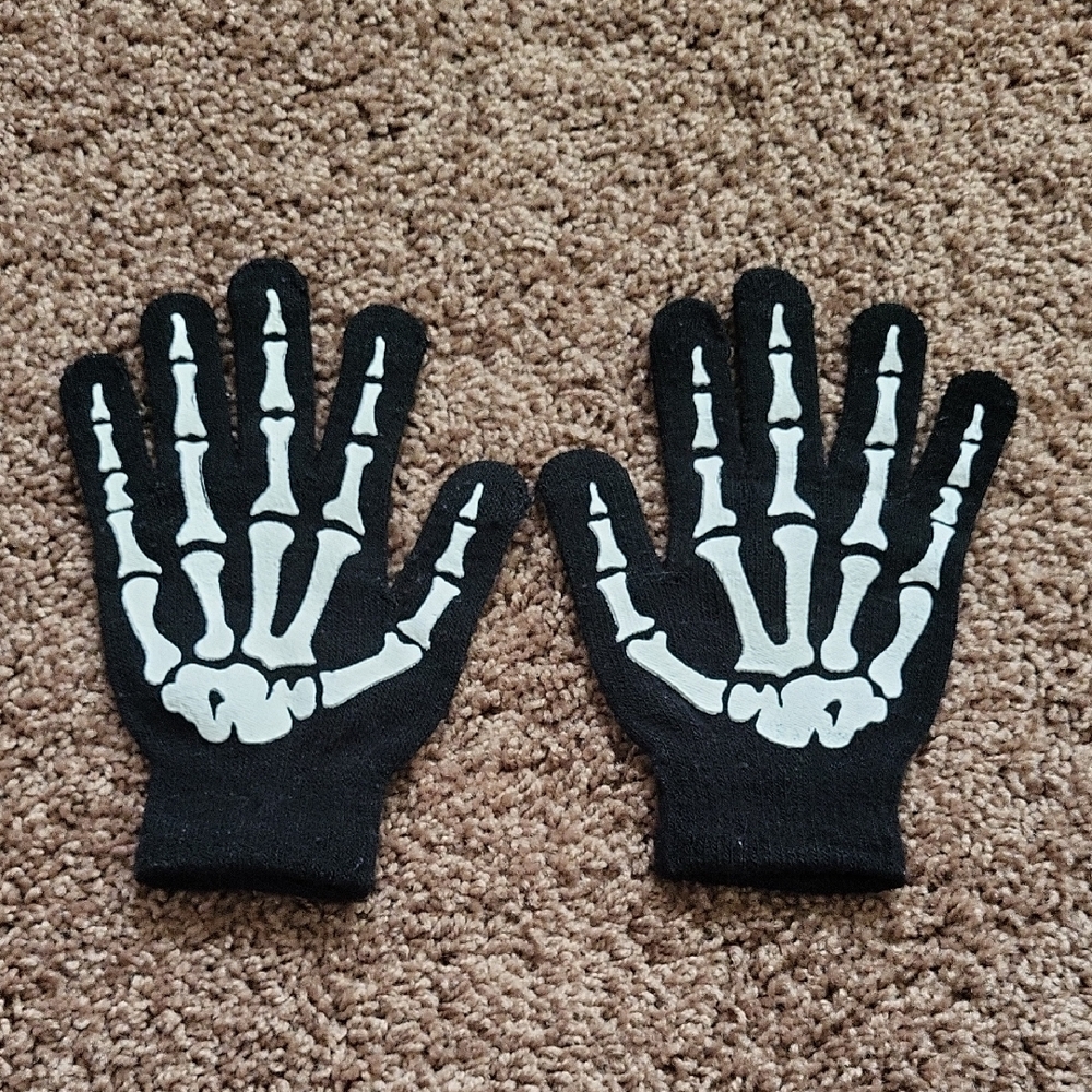 Skeleton Print Black Gloves, Child Size